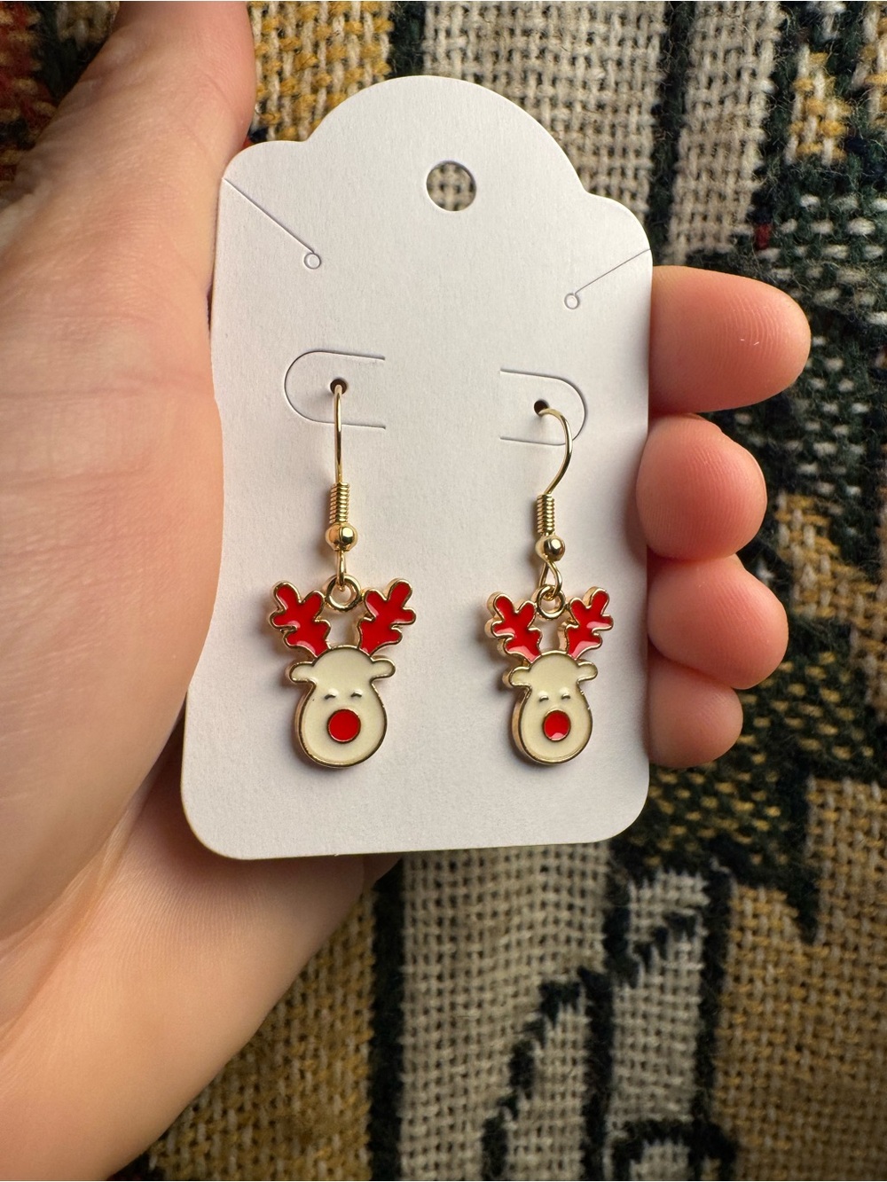 Gold-Tone Red & Cream Reindeer Dangle Earrings